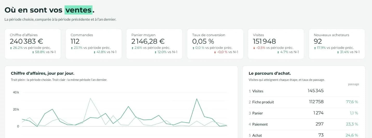 Page Pilotage : six indicateurs comparés, courbe du chiffre d'affaires et parcours d'achat